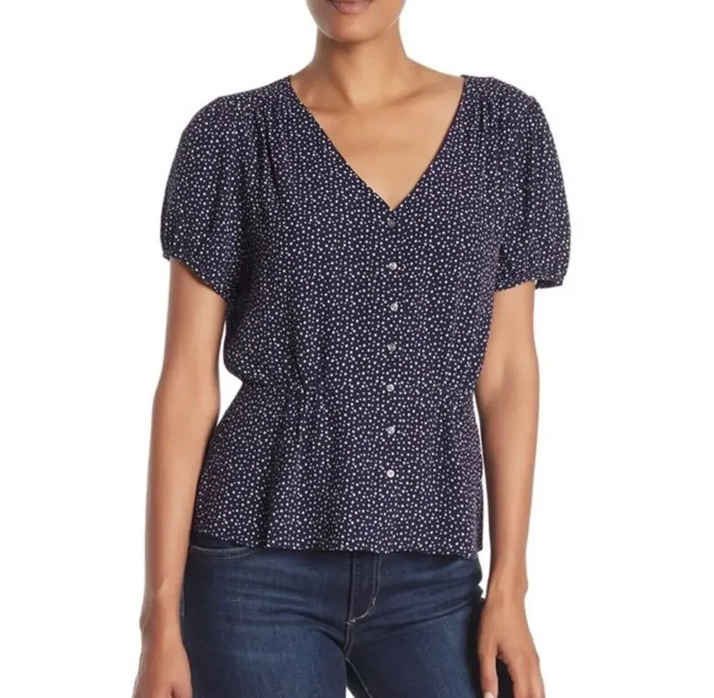J Crew Button-up Peplum Top Star Print navy blue white short sleeve J1463